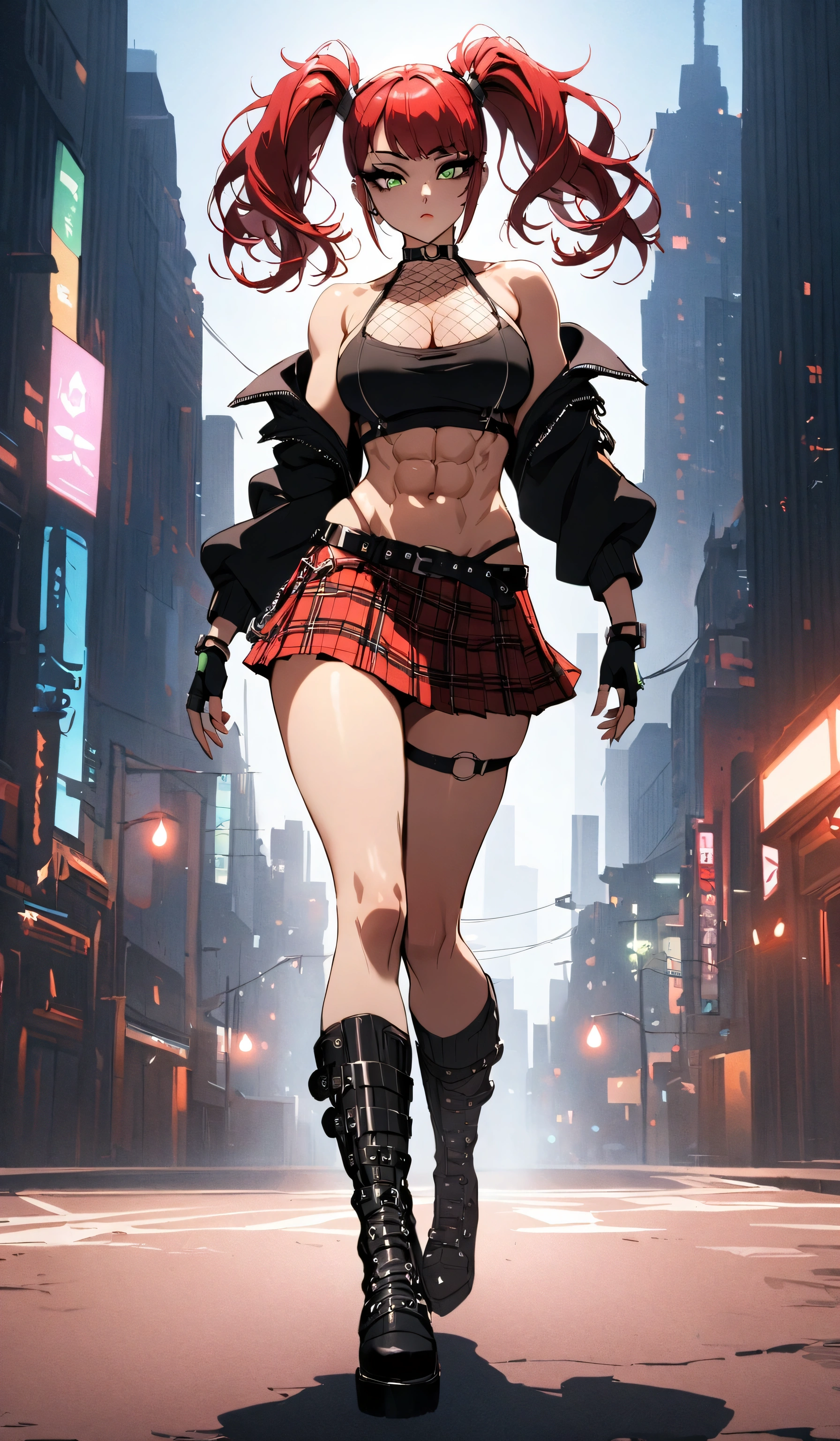 woman, stoic, curly red hair in pig tails, green eyes, black eyeshadow, wearing crop top black shirt, black hoodie, red plaid skirt, black knee high boots, black fingerless gloves, exposed shoulders, large breasts, freckles, abs, cleavage, looking down at viewer, cinematic lighting, masterpiece, best quality, best quality, Holo-Punk Style, cityscape, make up, eyelashes, fish net undershirt, fish net stockings, (full body)
