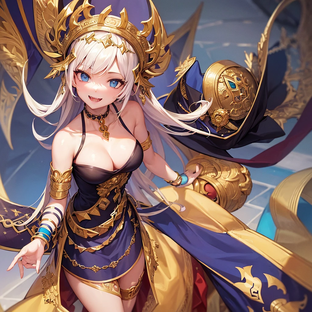 (masterpiece, best quality), intricate details,, 1 woman, mouth, multicolored hair, blue eyes, Shark headdress, Gold headdress, Gold Choker, Gold Bracelet, sharp teeth, smile with one's teeth exposed, Blue Raven,, Greek clothes, peplos,