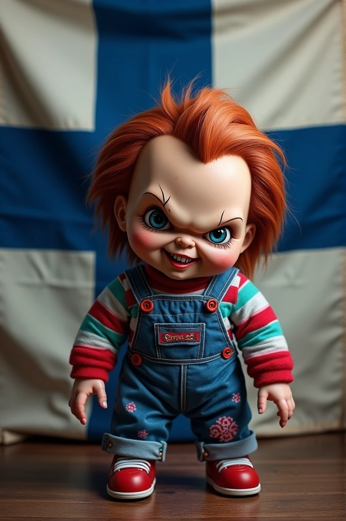 Chucky the doll with a big forhead, Asian eyes, kawaii, demon, and a finnland flag in the background