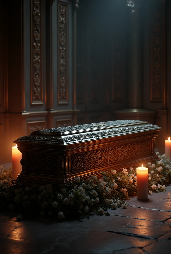 An elegant coffin inside a room 
