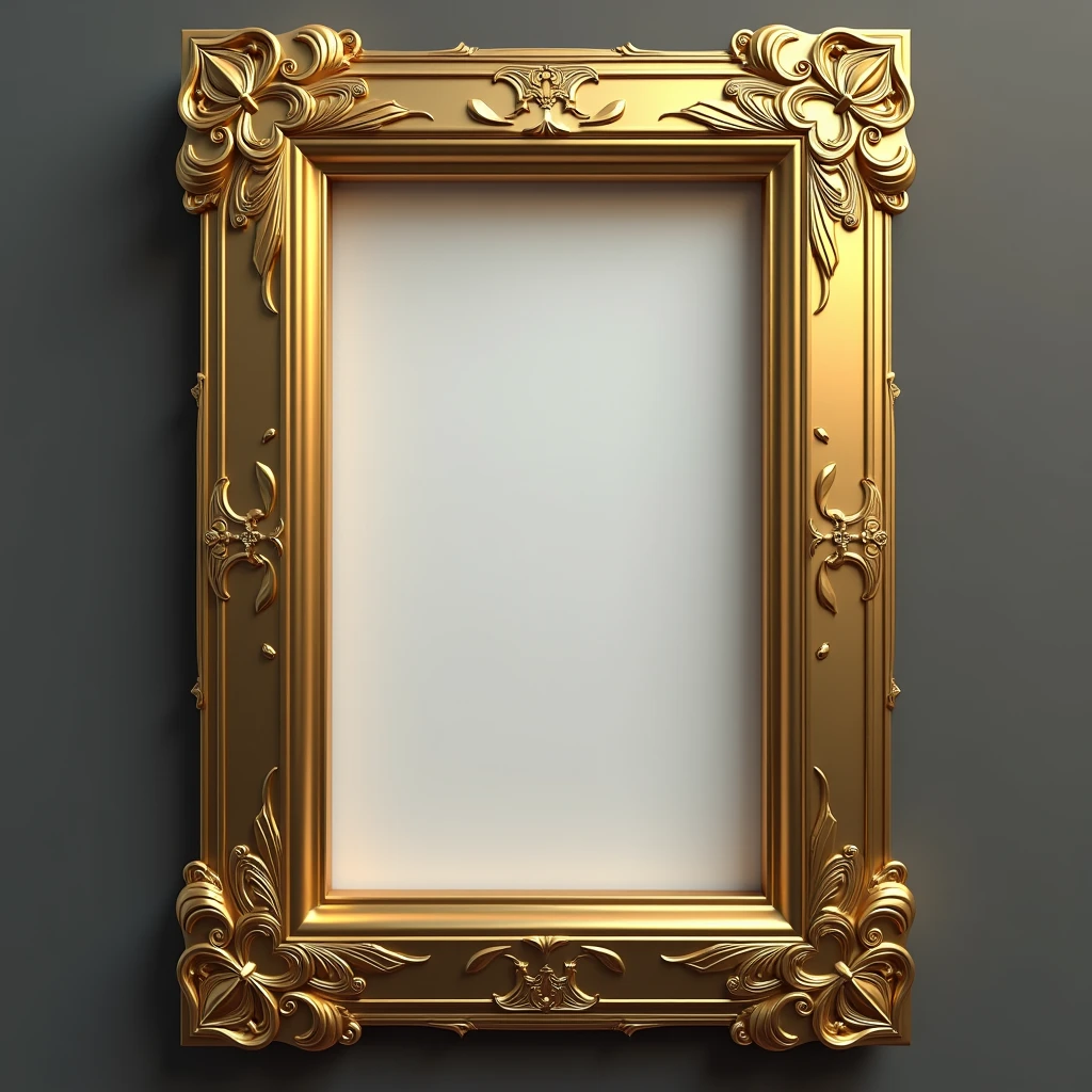 Design a 3D-stylized card frame for a SOLMON card inspired by the elegant design in the provided image. The frame should feature slightly thicker corners to give it a more robust and pronounced appearance, while maintaining the overall sleek and intricate style.
Use a metallic gold color for the frame, with a polished, reflective surface that highlights the edges and corners. Incorporate subtle design elements, like slight engravings or patterns along the thicker corners, to add a touch of sophistication and depth.
Ensure the middle of the frame remains empty, creating a clean space where character artwork can be placed. The overall design should evoke a sense of luxury and power, while still being aligned with the SOLMON universe's aesthetics.
