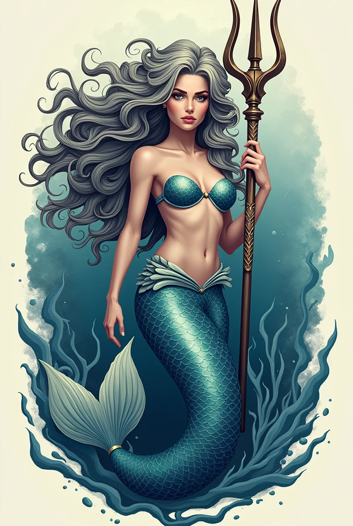 A logo of a brunette mermaid with curly hair With Poseidon and a trident