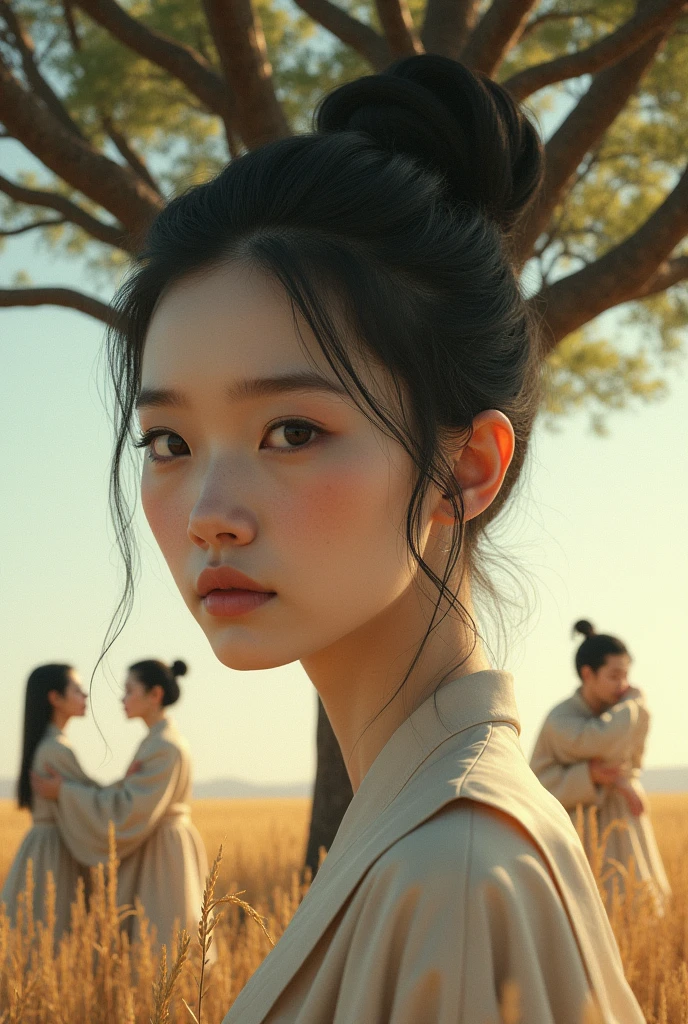 Create a realistic image of a girl's face(((((Extremely precise and precise anatomy:1.0)), (photo realistic:1.4), (hyper realistic:1.4), (最高品質のrealisticな肌の質感:1.4), (quality improvement:1.4), (Helps increase the beauty of the skin.:1.1), Clean and glowing skin, net, thin:1.2, (realistic:1.3), realisticอาโออิ, (softer light:1.05), Standing on a dry, cracked rice field, she was wearing an ancient Chinese Tang Dynasty dress, her top naked, hugging and kissing three people under a big tree.