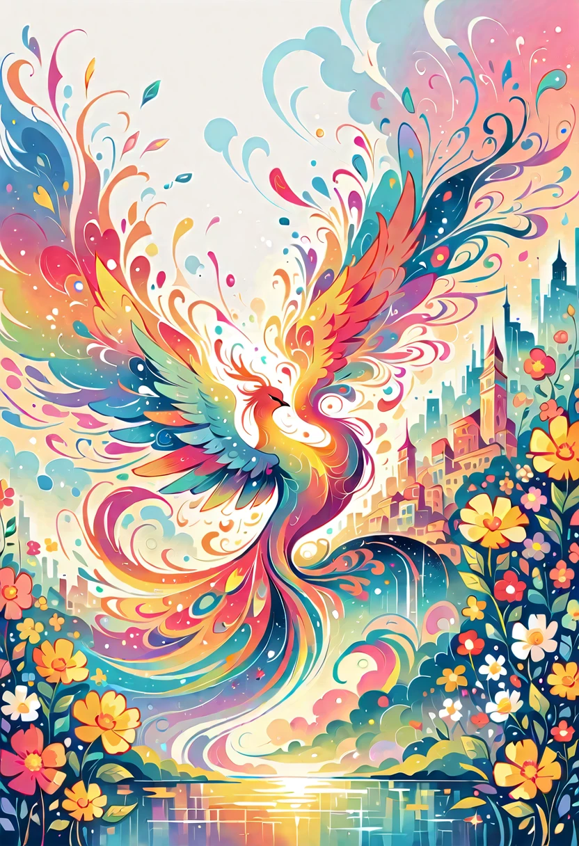 Dream Style, The most beautiful phoenix colorful flowers ever, Simple Line Acronym,Abstract Art,City background