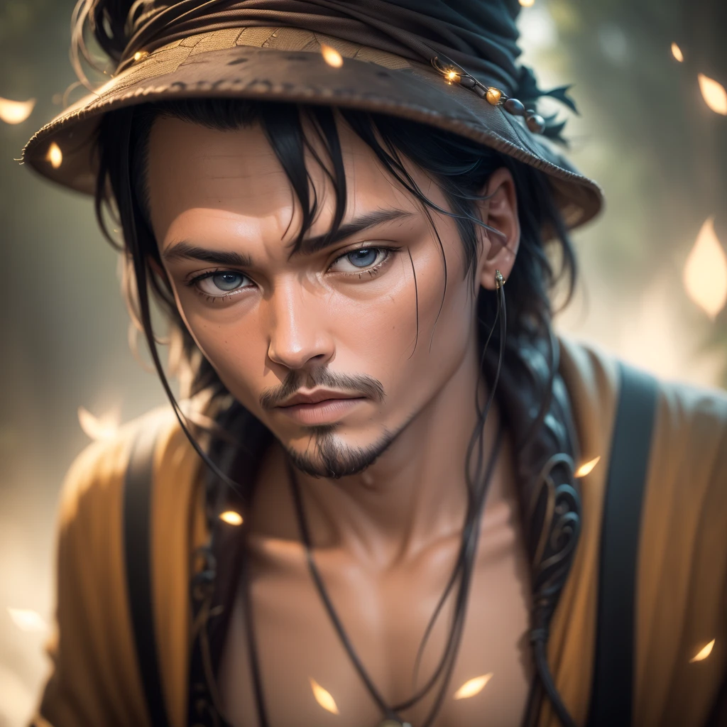 masterpiece, Johnny Depp walking through the jungle among fireflies at night, (high detail:1 1), rough face, natural skin, high quality, NSFW, beautiful eyes, (detailed face and eyes), (face: 1 2), noise, Additional, real photo, PSD, Lamp Film Photography, sharp focus, Contrast lighting, detailed skin, High-resolution 8K, Crazy details, realistic, professional photography, 8k words, SLR camera, soft lighting, high quality, film grain, Fujifilm XT3