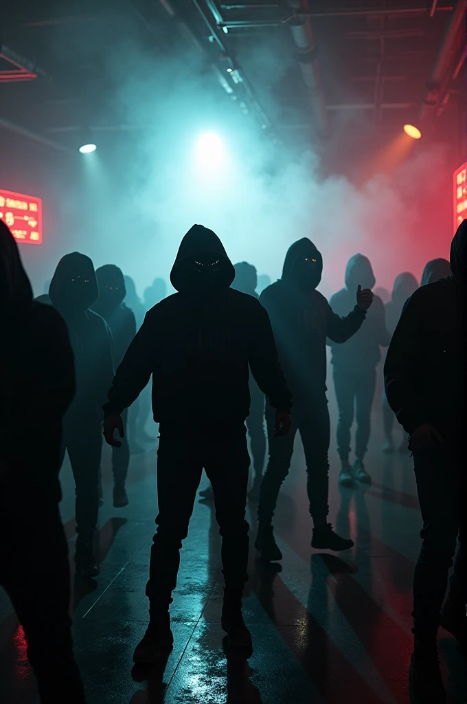 Underground Phonk Rave: "An underground rave in an abandoned warehouse, with people dancing in the shadows, their faces obscured by masks and hoodies. The room is filled with thick smoke, and the only light comes from neon signs and strobe lights. The scene is chaotic and raw, capturing the rebellious, unfiltered energy of Phonk music