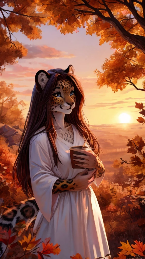 Furry leopard woman, with beautiful hair, with a white cloth save shirt, watching the sunset in autumn, tender and beautiful 