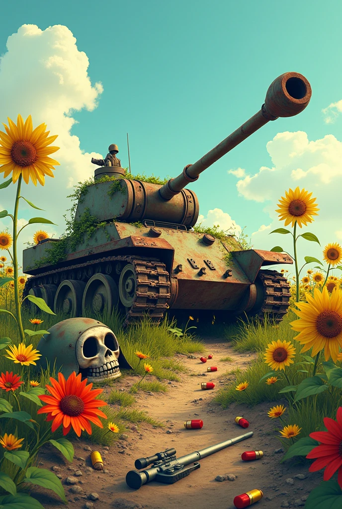sunflower field, blue sky, destroyed tank t 62 , rusty overgrown with vines , there is a helmet with a skull nearby, rusty ,,next to it there are 2 machine guns and 2 rusty pistols , cartridges and shells for the tank from the helmet ,a fiery red lily grows nearby , all in yellow background cartoon reality