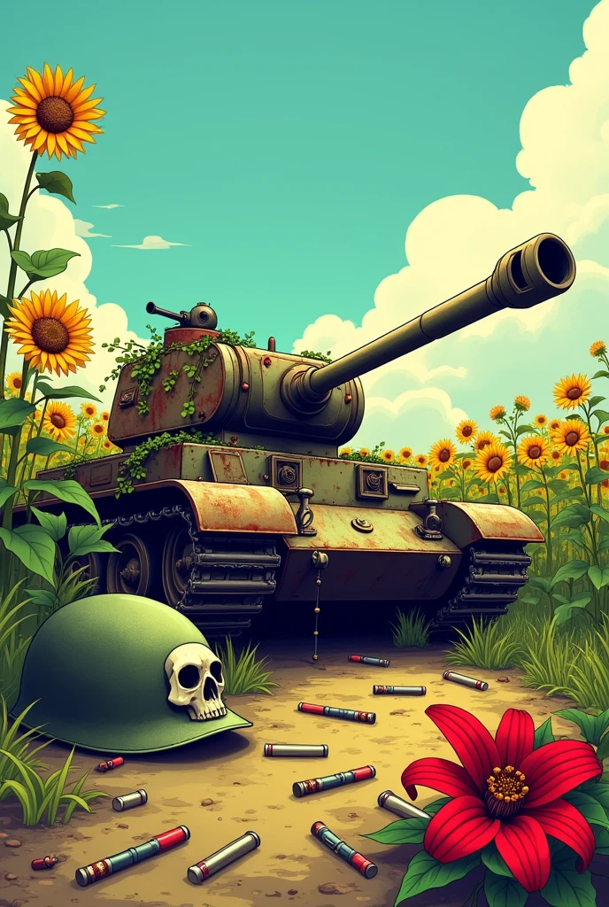 sunflower field, blue sky, destroyed tank t 62 , rusty overgrown with vines , there is a helmet with a skull nearby, rusty ,,next to it there are 2 machine guns and 2 rusty pistols , cartridges and shells for the tank from the helmet ,a fiery red lily grows nearby , all in yellow background cartoon reality 