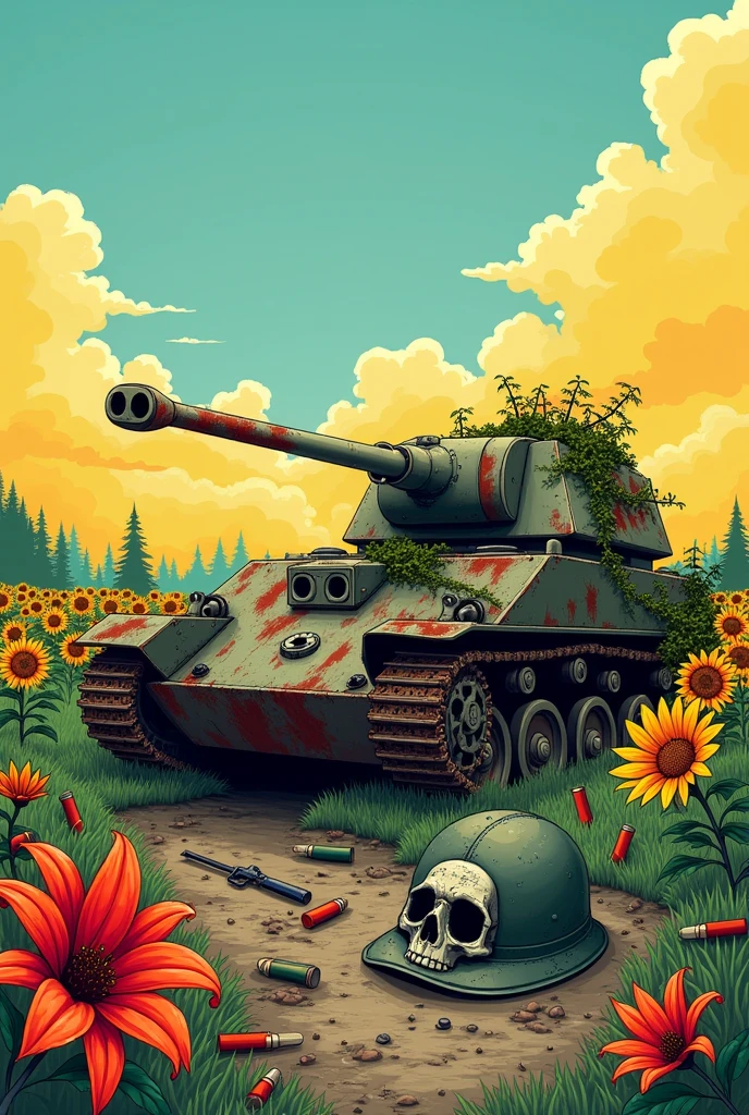 sunflower field, blue sky, destroyed tank t 62 , rusty overgrown with vines , there is a helmet with a skull nearby, rusty ,,next to it there are 2 machine guns and 2 rusty pistols , cartridges and shells for the tank from the helmet ,a fiery red lily grows nearby , all in yellow background cartoon reality