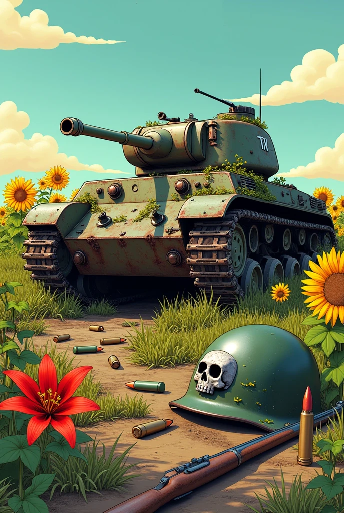 sunflower field, blue sky, destroyed tank t 62 , rusty overgrown with vines , there is a helmet with a skull nearby, rusty ,,next to it there are 2 machine guns and 2 rusty pistols , cartridges and shells for the tank from the helmet ,a fiery red lily grows nearby , all in yellow background cartoon reality 