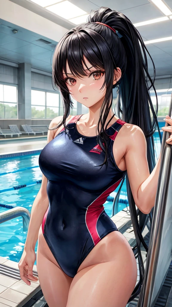 It depicts an anime-style female character with long black hair in a ponytail with bangs parted at an angle. She is wearing a racing swimsuit. She has a serious expression, and the background is dominated by an indoor pool character.