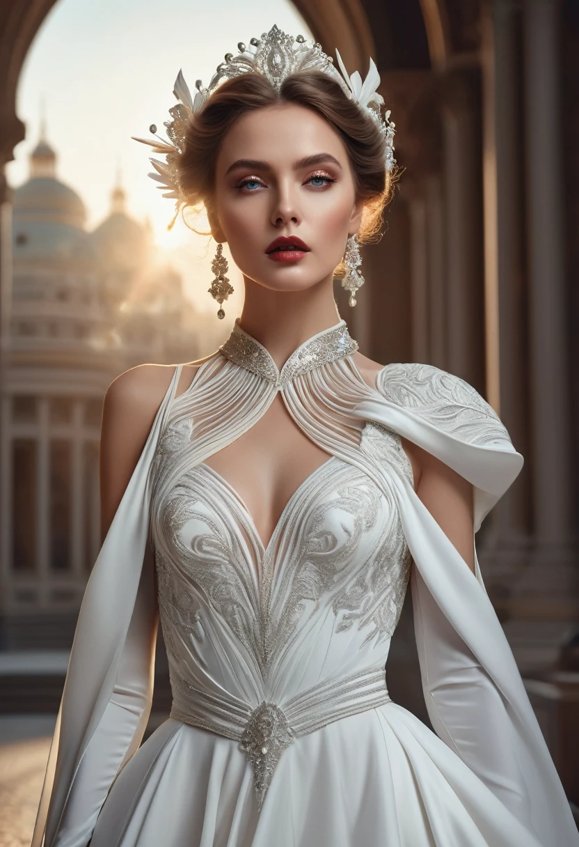 a beautiful woman in a avant-garde style dress, long flowing white dress, detailed elegant accessories, detailed beautiful face, detailed eyes and lips, cinematic lighting, highly detailed, photorealistic, 8k, masterpiece, dramatic composition