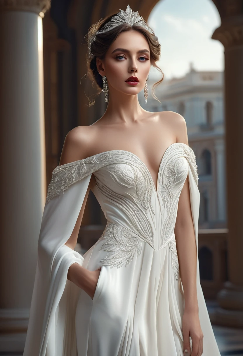 a beautiful woman in a avant-garde style dress, long flowing white dress, detailed elegant accessories, detailed beautiful face, detailed eyes and lips, cinematic lighting, highly detailed, photorealistic, 8k, masterpiece, dramatic composition