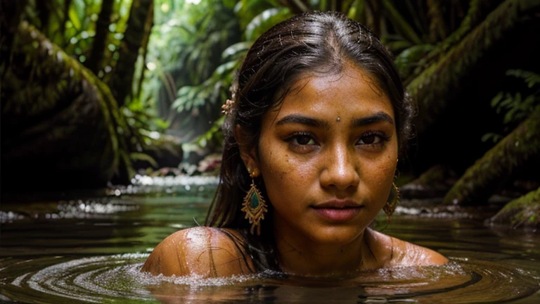 Create a highly realistic and detailed close-up of a South American indigenous woman's face as she bathes in a river. Focus on her facial features, ensuring flawless and lifelike representation, with smooth skin, clear eyes, and natural expressions. The woman should wear traditional attire, including handcrafted jewelry, with details that reflect her cultural heritage. The background should be a subtly blurred dark rainforest, with water gently rippling around her. The lighting should be soft and natural, highlighting her features without creating harsh shadows. Ensure that the image is free of distortions or imperfections, particularly in her face.