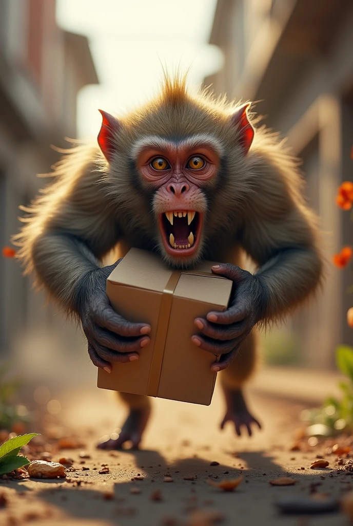 a screaming mad macaque runs with a box in his hands, Without background