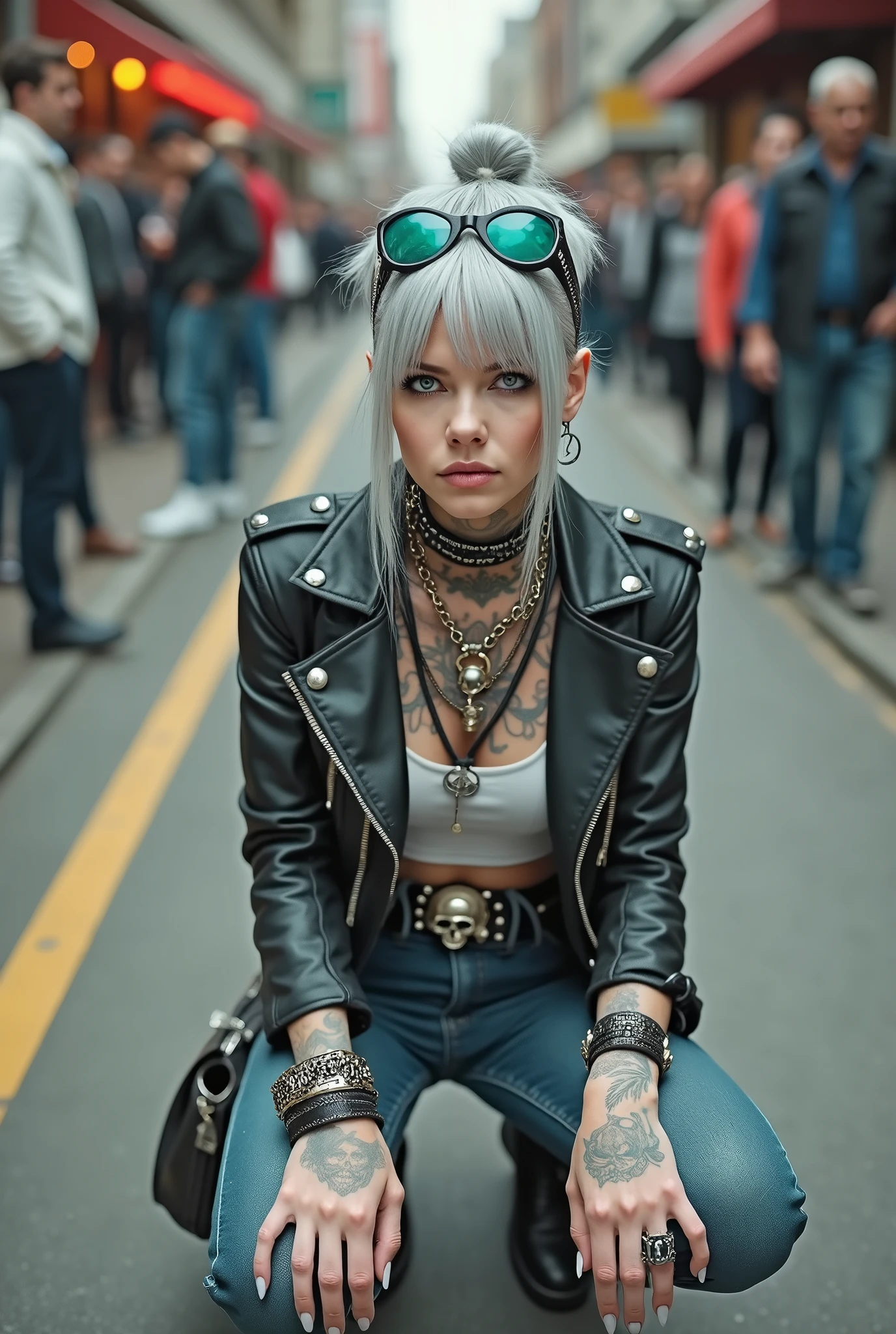 russian old milf woman, grey hair (shaved sides, top bun) and oversize maxisunglasses with turquoise frame as headband, with very light blue eyes, extremely pale. Wearing studded cropped black biker jacket with lots of zippers and pins, dark red push up bra, big breasts , dark skinny blue jeans with worn knees and pointy black Chelsea boots with cuban heels . Lots of metallic bracelets and lots of boho collars. Tacky wide studded leather belt with oversized skull and bones buckle. Long bohemian earrings with feathers. Squatting, looking at the camera, humble facial expression. Tilted head. Her studded black leather tote bag with chains next to her. Listening in amazement to somebody speaking to her, toned six pack abdominals, thin neck, slim legs and thin arms. Tattoed heavily. A lot of people around looking at her, next to her, all her belongings on the floor