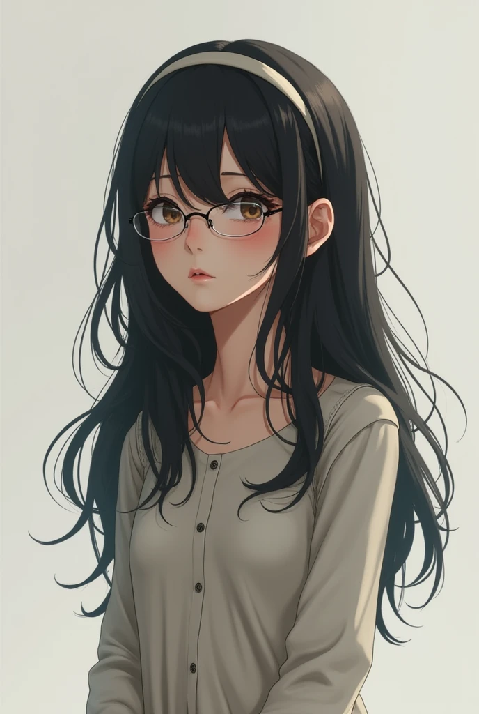 Wearing glasses, 1 Japan, Long Hair, High resolution, Small breasts, sight, Black Hair, Anatomically correct, Sparkling eyes, Eyebrows hidden under hair, hair band, Long shirt dress, Full body portrait,Long Hair, look up, Portrait Photography, 3D Rendering, I want to cry,