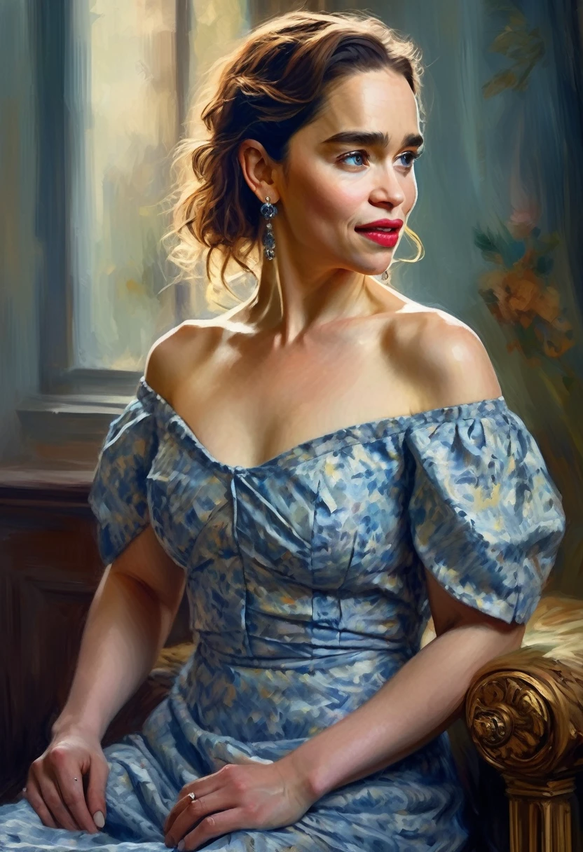 Emilia Clarke in elegant dress, digital painting in impressionist style, high definition digital art, front camera, sharp focus, Soft, dramatic lighting, warm lighting.