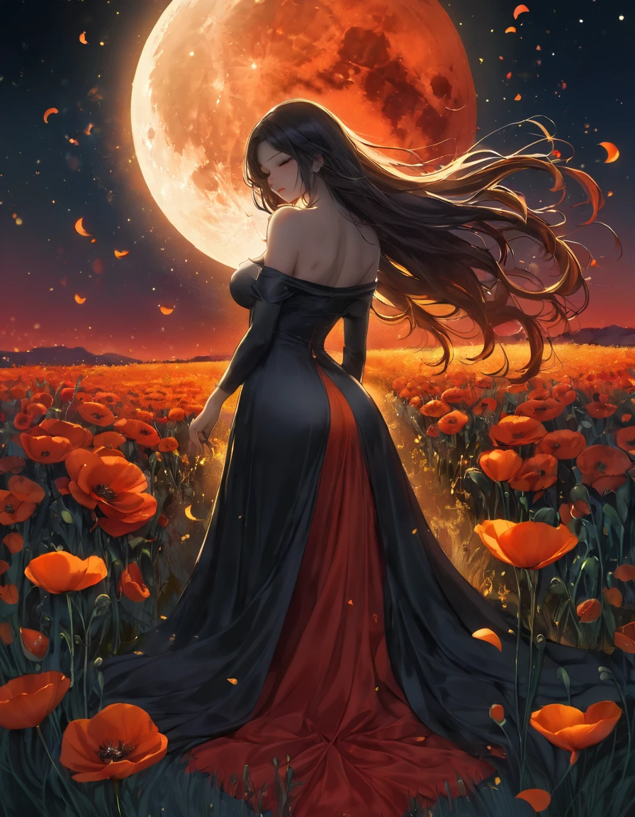 A digital illustration depicts a young woman standing in profile among a sea of vibrant black flowers, likely poppies, in a mystical field at night. The woman has long, sexy Sensual seios empinados e durinhos decote dark hair that flows dramatically behind her, caught in a gentle breeze, creating a sense of movement and adding depth to the scene. She wears an off-the-shoulder, dark-gold pinkshock  dress adorned with intricate floral patterns featuring pink Neon and gold flowers, as well as small geometric designs. Her face is turned slightly upward, eyes closed, and lips slightly parted, exuding a serene and contemplative expression. The background features a massive, luminous full moon red dominating the upper center of the image, casting a warm, golden-orange glow across the scene. The moon's surface is highly detailed with visible craters and textures, creating a surreal and enchanting atmosphere. The sky surrounding the moon transitions from deep midnight blue to a reddish-black hue near the horizon, dotted with scattered stars. The foreground is filled with numerous bright red flowers with orange centers and delicate, paper-thin petals, their slender green stems and leaves visible. Some flowers appear to glow softly, enhancing the magical quality of the scene. Behind the flowers, tall, golden wheat-like stalks add depth and texture to the midground. The overall composition is centered on the woman, with the moon providing dramatic backlighting that highlights her silhouette. The color palette is dominated by deep reds, vibrant oranges, charcoal blacks, and warm yellows, creating a high-contrast, low-luminance scene with rich saturation. The lighting is soft and diffused, emphasizing the ethereal quality of the moment and contributing to the surreal, dream-like quality of the illustration.