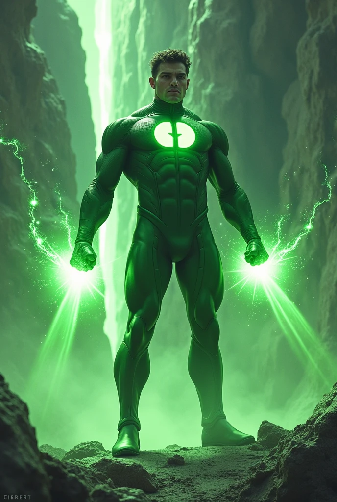 Make a superhero with the super power to shoot green laser beams and his logo is two kidneys, He must be shooting at a rock