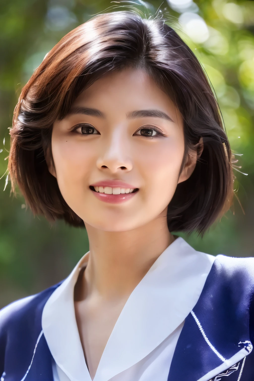 ((Top Quality, 8K, Masterpiece: 1.3)), Sharp Focus: 1.2, (Super Beautiful Face: 1.0), (Slender Abs Beauty: 1.0), (Shiny Skin: 1.0), Realistic Photography, Black Hair, Realistic Pupils, Video Lighting, High Definition Eyes and Face, Video Lighting, (Cowboy Shot: 1.3), (Japanese Cute Actress), in nature, smiling, Looking at the audience, head on