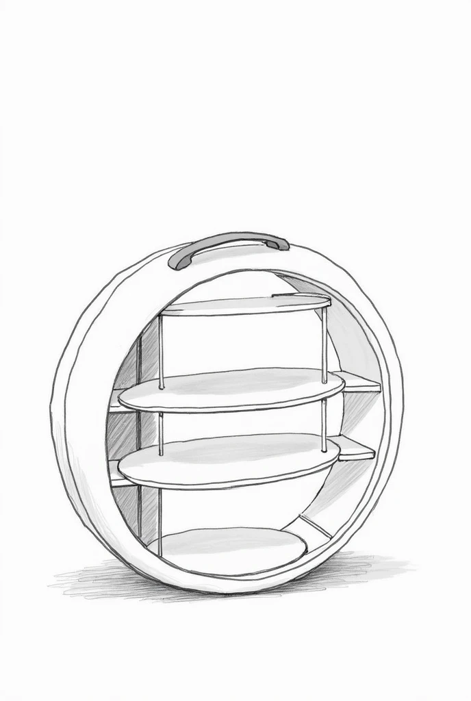 round makeup kit with 3 floors attached, a button to hold the floors on place and a handle attached to the kit in sketch art