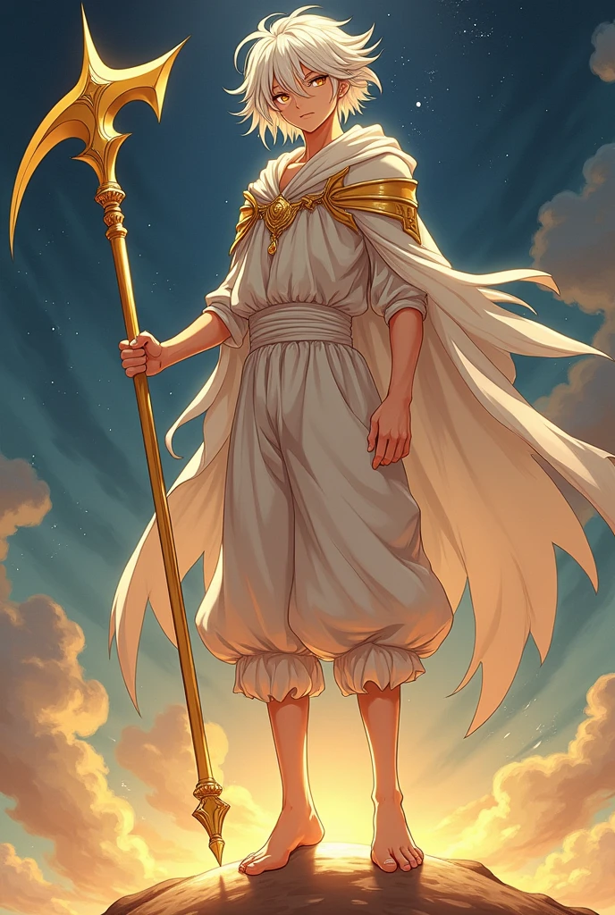 A full body image of a young adult half-celestial brown skinned male, shoulder-length white hair and pupil-less golden eyes, on top of a large golden sickle stuck in the ground. made with anime lines.