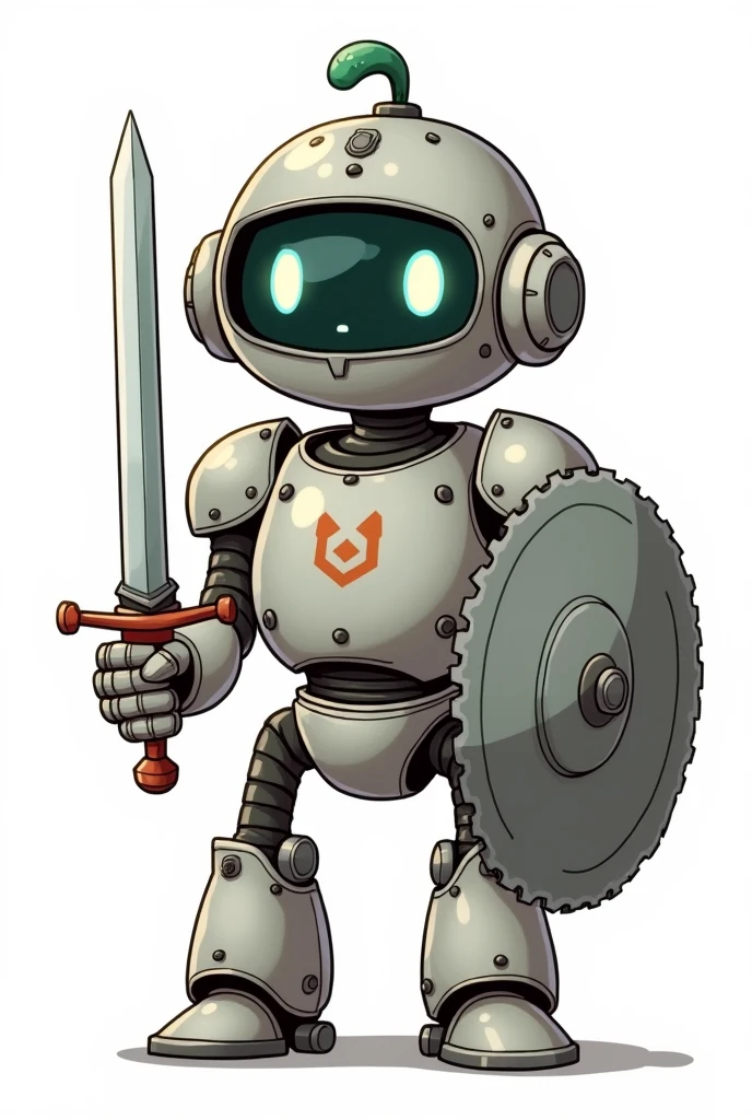 I want to make an industrial robot that wears a small cloth hat on its head.. A cartoon-style illustration of a Q version character, a knight in Western armor 。The knight has a small green mark on his forehead.「OKC」He is wearing a round helmet with a logo on it.。 The helmet has a green decoration on the head.。No sun visor required on helmet。Armor without visor is metallic silver、In one hand the knight holds a thin saber with a silver handle and a drill-like tip.。on the other hand、The knight carries a circular shield resembling a saw blade.。It has large, expressive, fierce eyes that can be seen through the visor of its helmet.。Please create the photo in full frontal view with a white background.。