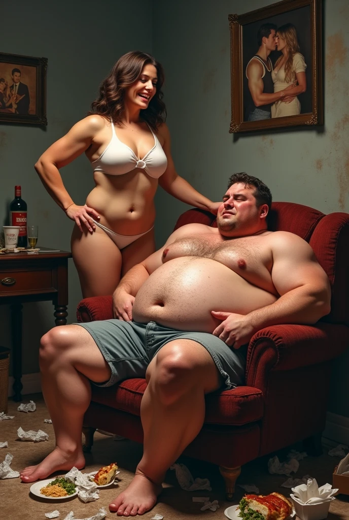 The dominant, muscular woman, with a physique sculpted like a goddess, stands triumphantly over her boyfriend, who is slumped in a chair, utterly weakened and on the brink of a food-induced coma. Her face beams with joy, her laughter echoing through the room as she revels in her control. Her fingers knead the soft, bloated rolls of his fat with a mixture of delight and satisfaction. His once-handsome features are now twisted in sadness, tears streaming down his cheeks as he sobs helplessly. His enormous, soft belly spills over his lap, a visible mark of his torment.
The room is a chaotic mess of fast food wrappers and discarded takeout containers, evidence of the relentless forced feeding. His clothes are stained with greasy sauces and food remnants, remnants of her cruel feast. Amidst the clutter, a framed photo on the wall captures a moment from when they first started dating. In the photo, the man, once muscular and fit, stands confidently beside the woman, who was less dominant in appearance at that time. This image serves as a stark reminder of how their dynamic has shifted. The lighting in the room casts harsh shadows, accentuating the dramatic contrast between her elation and his despair, as well as the stark disparity in their physical forms and emotional states.