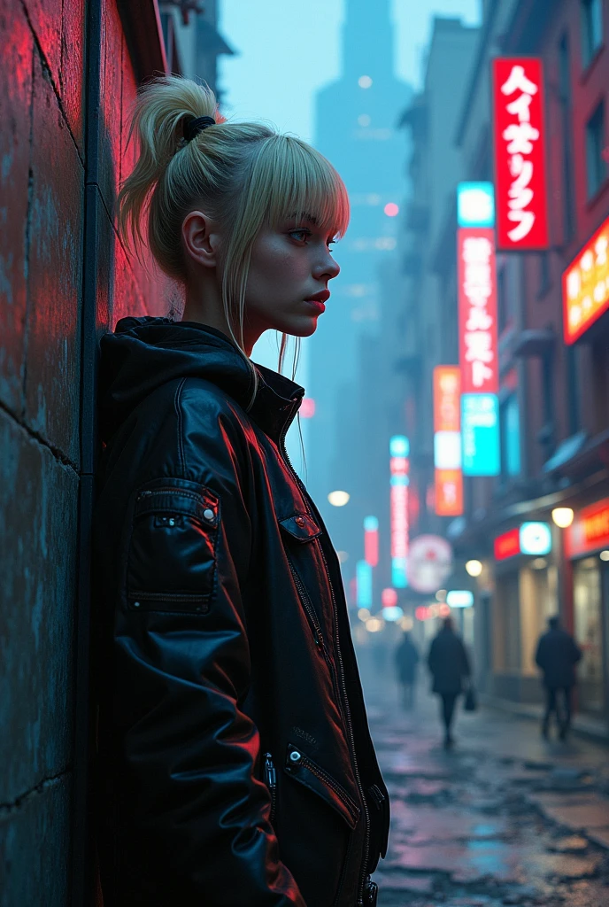 (masterpiece:1.4), (intricate:1.2), (detailed:1.2), (vibrant colors:1.2), BREAK,
(cyberpunk:1.2), BREAK,
(1girl:1.2), white skin blond(urban techwear:1.0), (pensive.1.0), (lost in thought:1.0), (daydreaming:1.0), (leaning against a wall:1.1), BREAK,
(neon ads:1.0), (squalor:1.0), (dark:1.2), (poverty:1.0), (futuristic skyline :1.1)