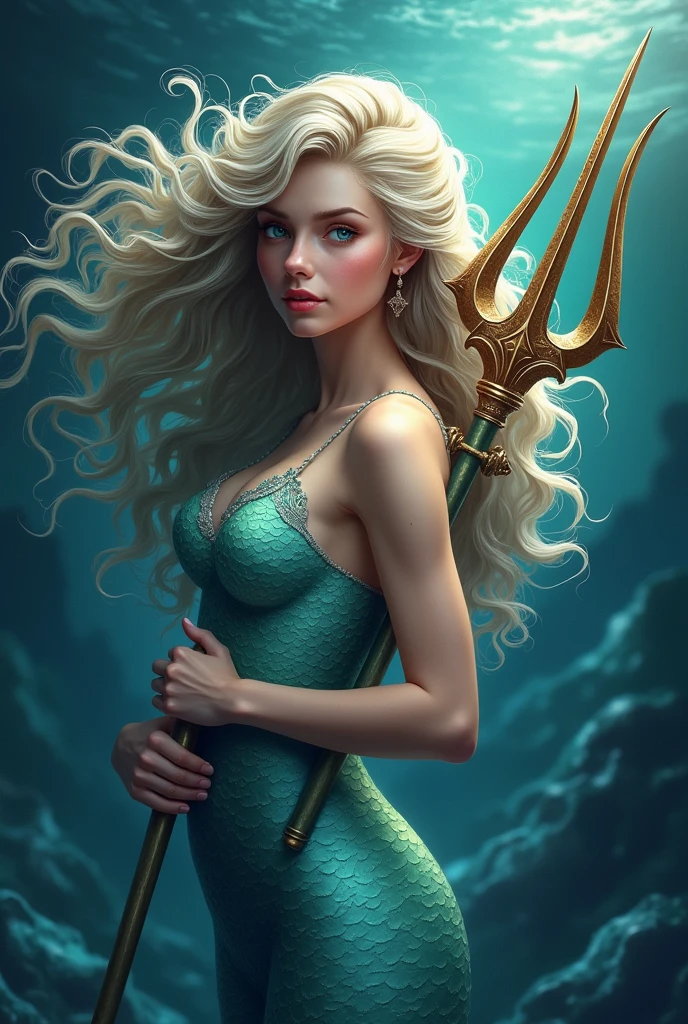 A logo of a mermaid with curly hair, With poseidon and a trident