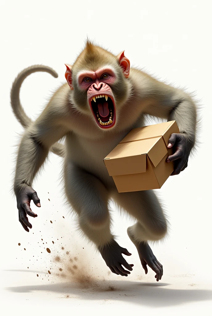 a screaming mad macaque runs with a box in his hands, Transparent background
