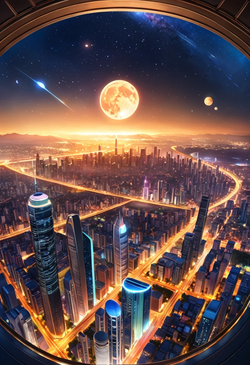 (masterpiece, Best Quality, luz bright, bright) 32K, panoramic tour, Panoramic shot of alien city, with high towers, Lights, at night, edificios altos con Lights, two moons in the sky, stars with warm light, comet in the sky, conurbated city architecture, view from the top of a building.