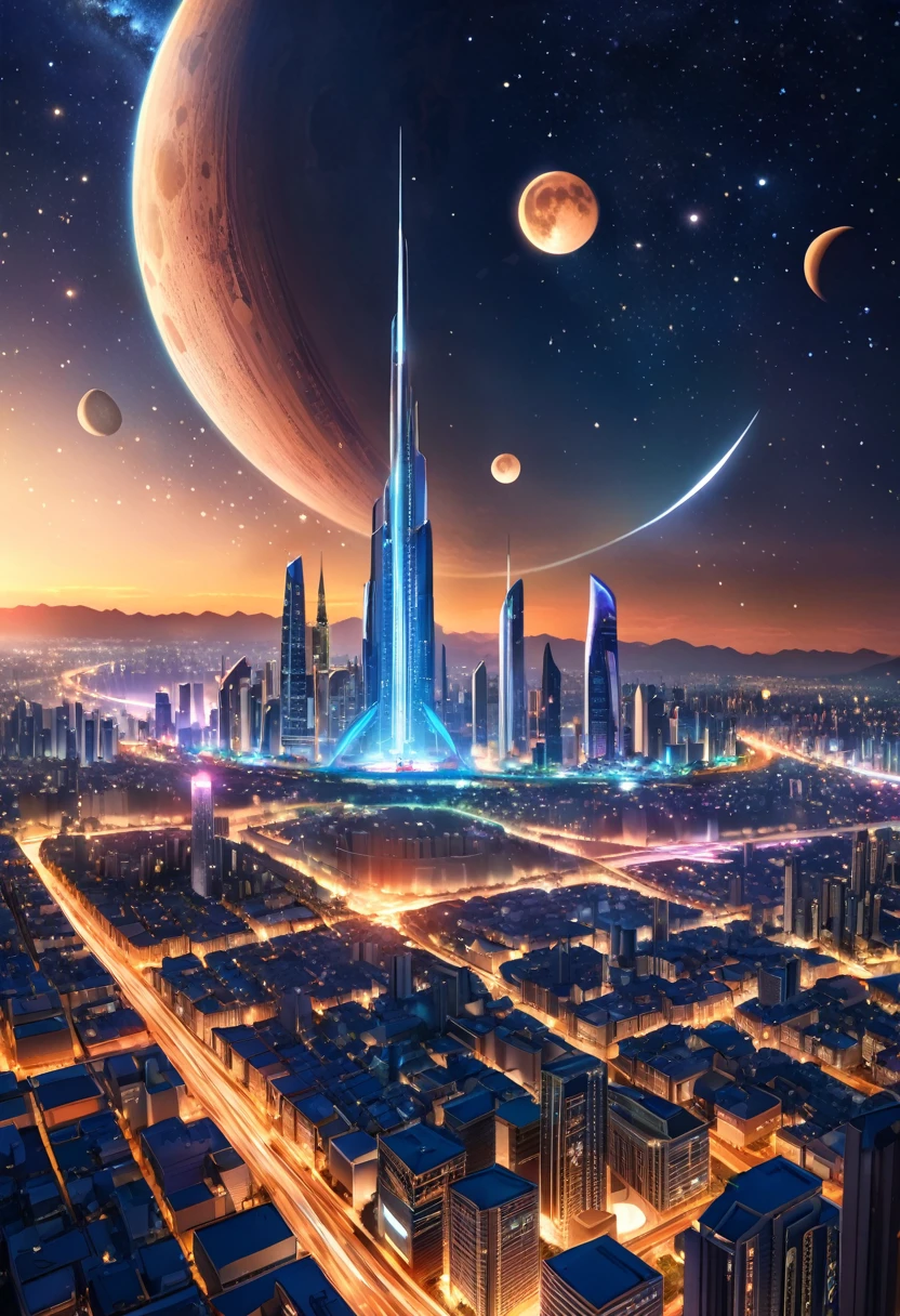 (masterpiece, Best Quality, luz bright, bright) 32K, panoramic tour, Panoramic shot of alien city, with high towers, Lights, at night, edificios altos con Lights, two moons in the sky, stars with warm light, comet in the sky, conurbated city architecture, view from the top of a building.