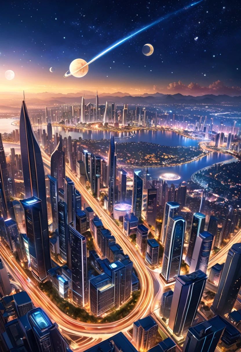 (masterpiece, Best Quality, luz bright, bright) 32K, panoramic tour, Panoramic shot of alien city, with high towers, Lights, at night, edificios altos con Lights, two moons in the sky, stars with warm light, comet in the sky, conurbated city architecture, view from the top of a building.