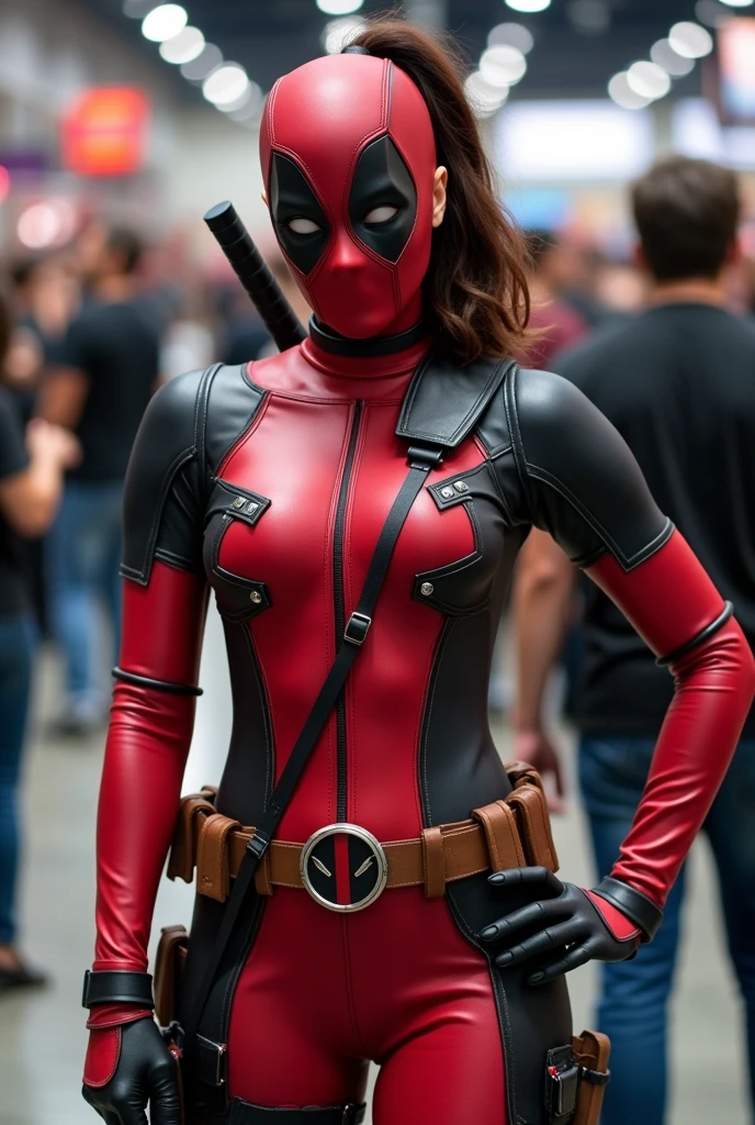 Woman body set big breasts, wearing deadpool cosplay