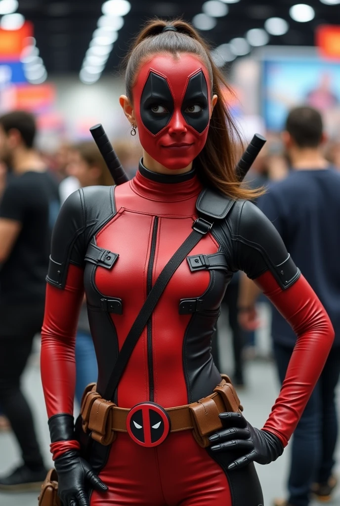 Brunette instagram influencer, dressed as Ladypool, hair in ponytail, Deadpool logo belt buckle, at a comic convention, in the style of comicon photos, taking pictures with fans, full body, super hero pose
