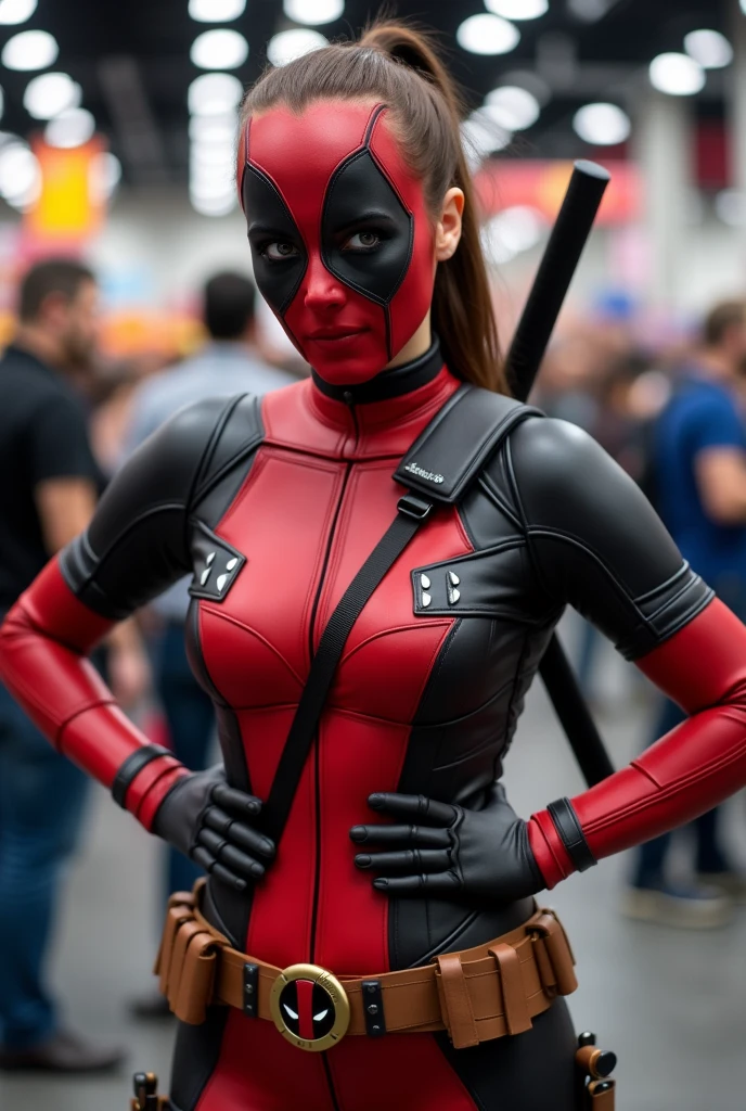 Brunette instagram influencer, dressed as Ladypool, hair in ponytail, Deadpool logo belt buckle, at a comic convention, in the style of comicon photos, taking pictures with fans, full body, super hero pose