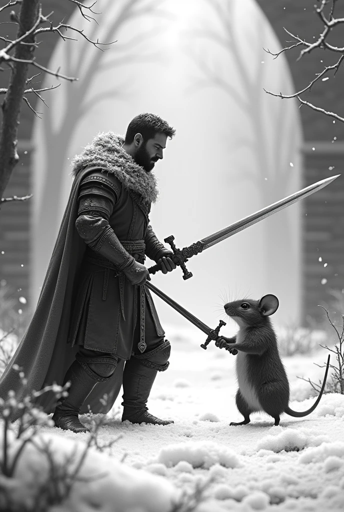 Human with sword fighting a mouse with sword ,sem capacete Mediovale, Mediovale , black and white white scenery, fluffly