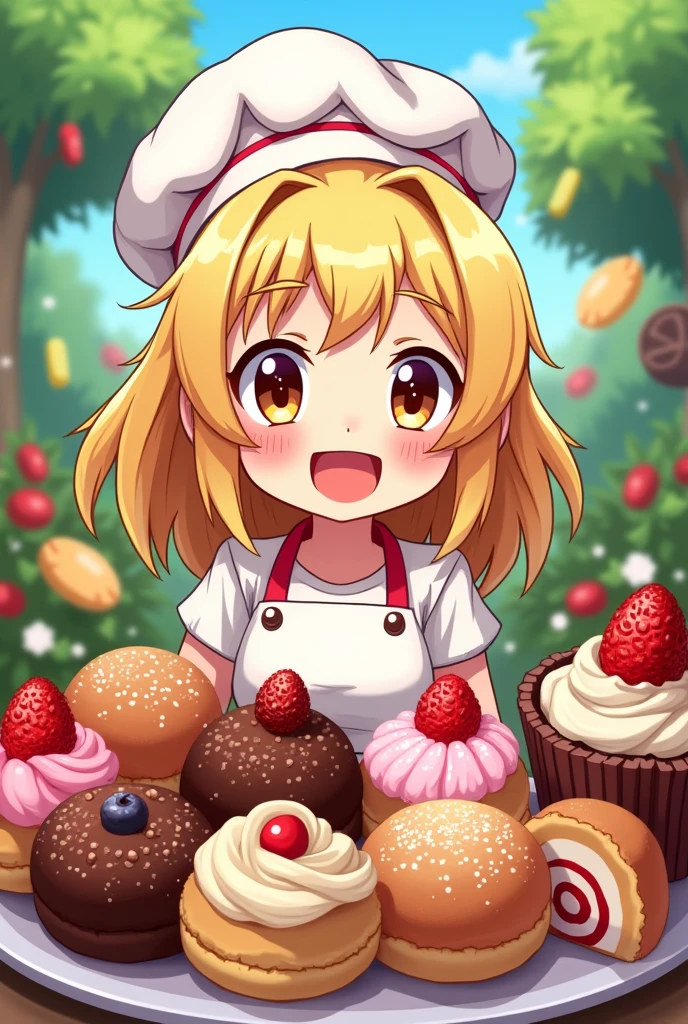 logo,Kizi, anime food, baking art, brigadiers frescas ao fundo, candies, Truffles, brigadiers, chocolates, candies finos, blondie hair