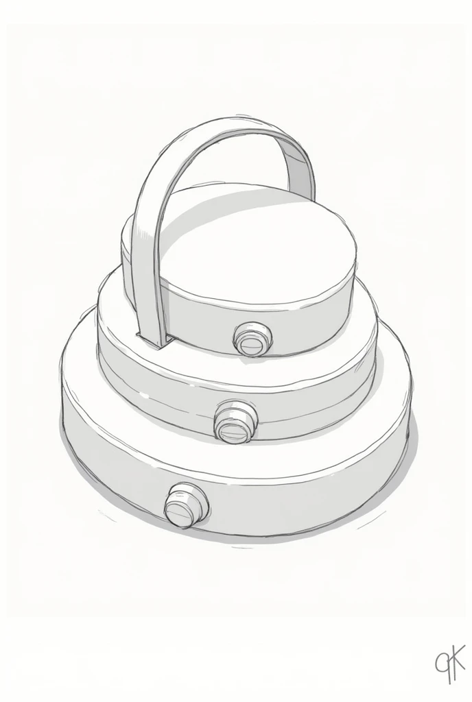 round makeup kit with 3 floors attached, a button to hold the floors on place and a handle attached to the kit in sketch art