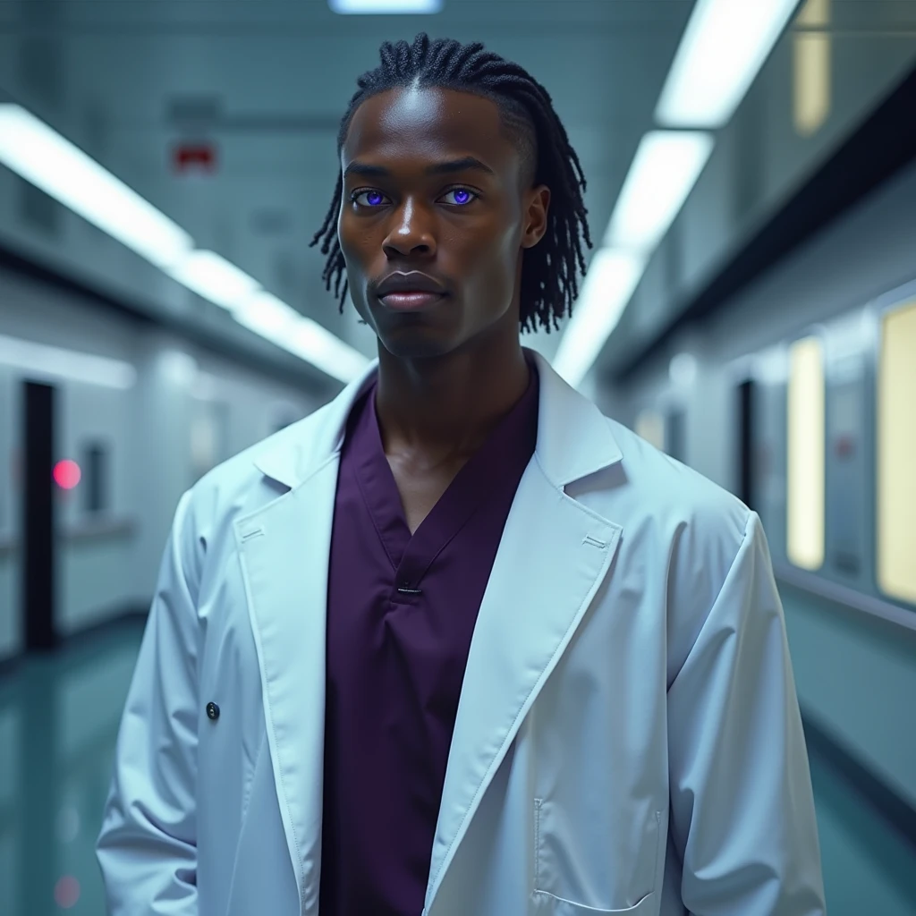 Photograph headshot of a very tall French-Nubian featured male model, medium wavy hair parted to the side hair, shaved, toned body, ebony skin, vibrant purple eyes, tall thin toned body. Gentle smile expression. Doctor coat, dark purple shirt, modern sci-fi hospital office.