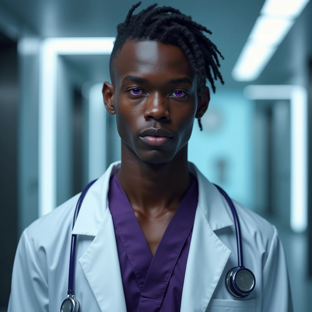 Photograph headshot of a very tall French-Nubian featured male model, medium wavy hair parted to the side hair, shaved, toned body, ebony skin, vibrant purple eyes, tall thin toned body. Gentle smile expression. Doctor coat, dark purple shirt, modern sci-fi hospital office.