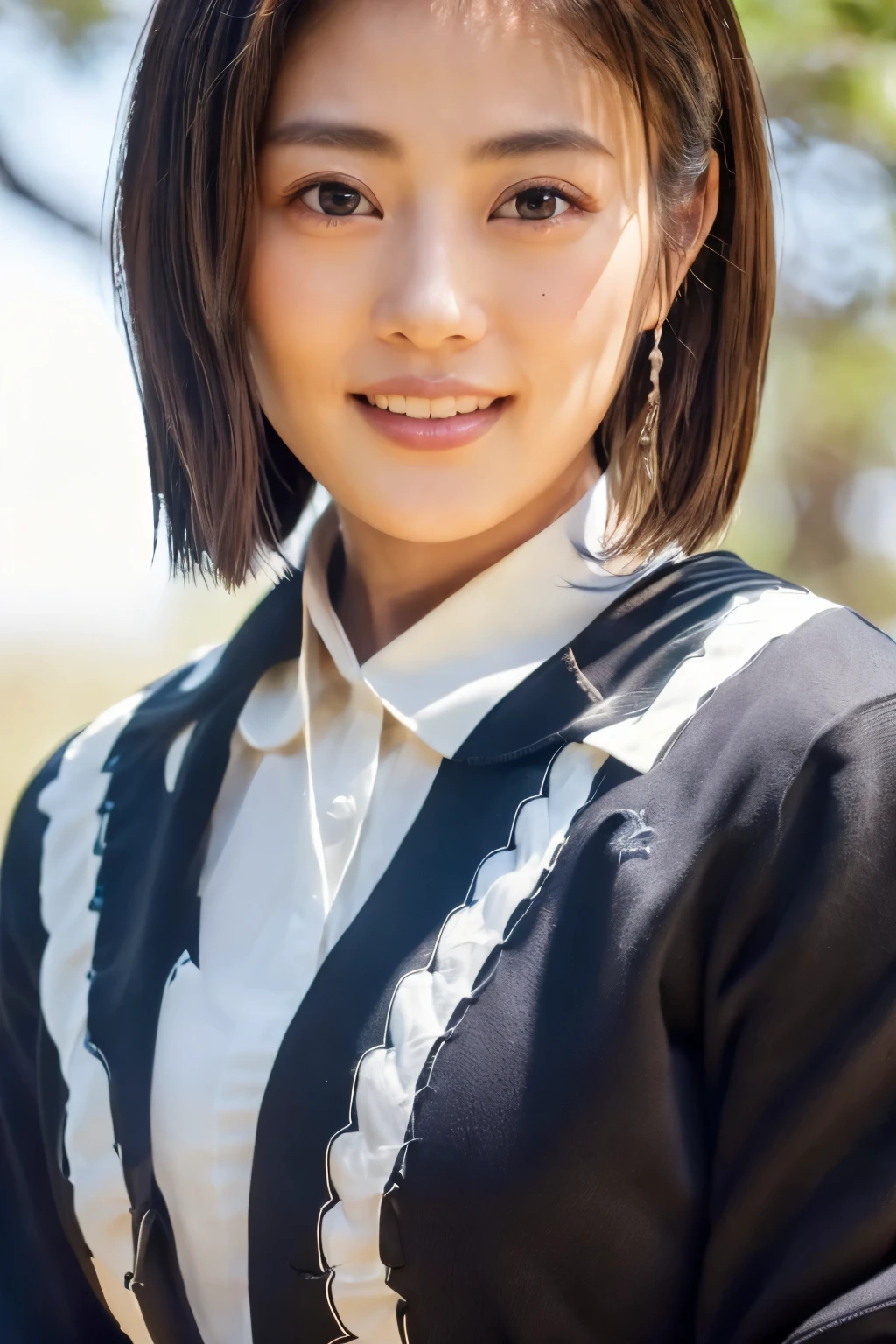 ((Top Quality, 8K, Masterpiece: 1.3)), Sharp Focus: 1.2, (Super Beautiful Face: 1.0), (Slender Abs Beauty: 1.0), (Shiny Skin: 1.0), Realistic Photography, Black Hair, Realistic Pupils, Video Lighting, High Definition Eyes and Face, Video Lighting, (Cowboy Shot: 1.3), (Japanese Cute Actress), in nature, smiling, Looking at the audience, head on