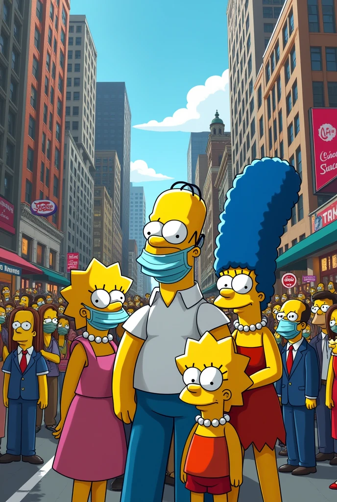 Create an image of the Simpsons with a mask in the middle of a crowd in a city