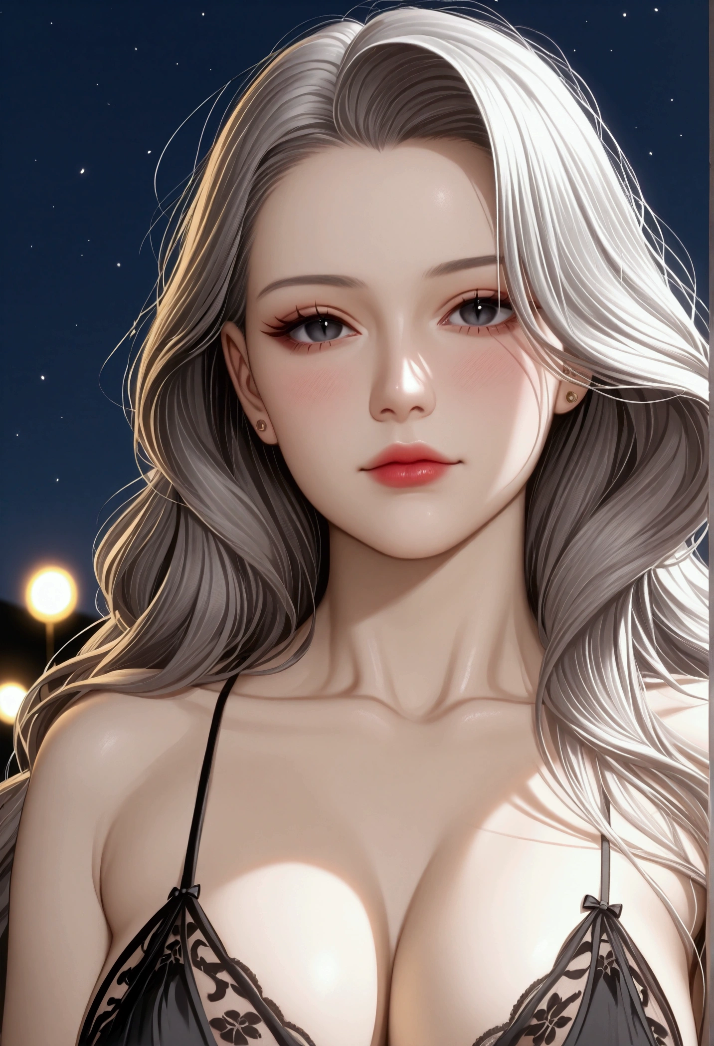 score_9, score_8_superior, score_7_superior, High-resolution CG illustration,A masterpiece in 32K resolution,Highest quality,it is really amazing,Very detailed,Ultra-high resolution,Ultra-realistic,Realistic,Increased depth of field,Cinematic lighting,
Elegant mature Japanese woman,
Shiny silver hair,Wavy long hair,Showing his forehead,god々Beautiful,Ultra-detailed and beautiful face,Sensual look,Beautiful dark brown, moist eyes,Pitch black eyes,Glowing, moisturized skin,Translucent white skin,born々New skin texture,Great proportions,
Elegant wine-red slit dress,spaghetti straps,Deep slit,Detailed and beautiful lace decorations,born地の柔らかな質感,
Black panties,
Black Stockings,
A dark and blurry night background,Dark overcast sky on a dull night,Dark clouds filling the sky,Thundercloud,Coastline at night,Golden reflections on the sea surface,delay々A desolate sandy beach that continues,
Dramatic Angle,