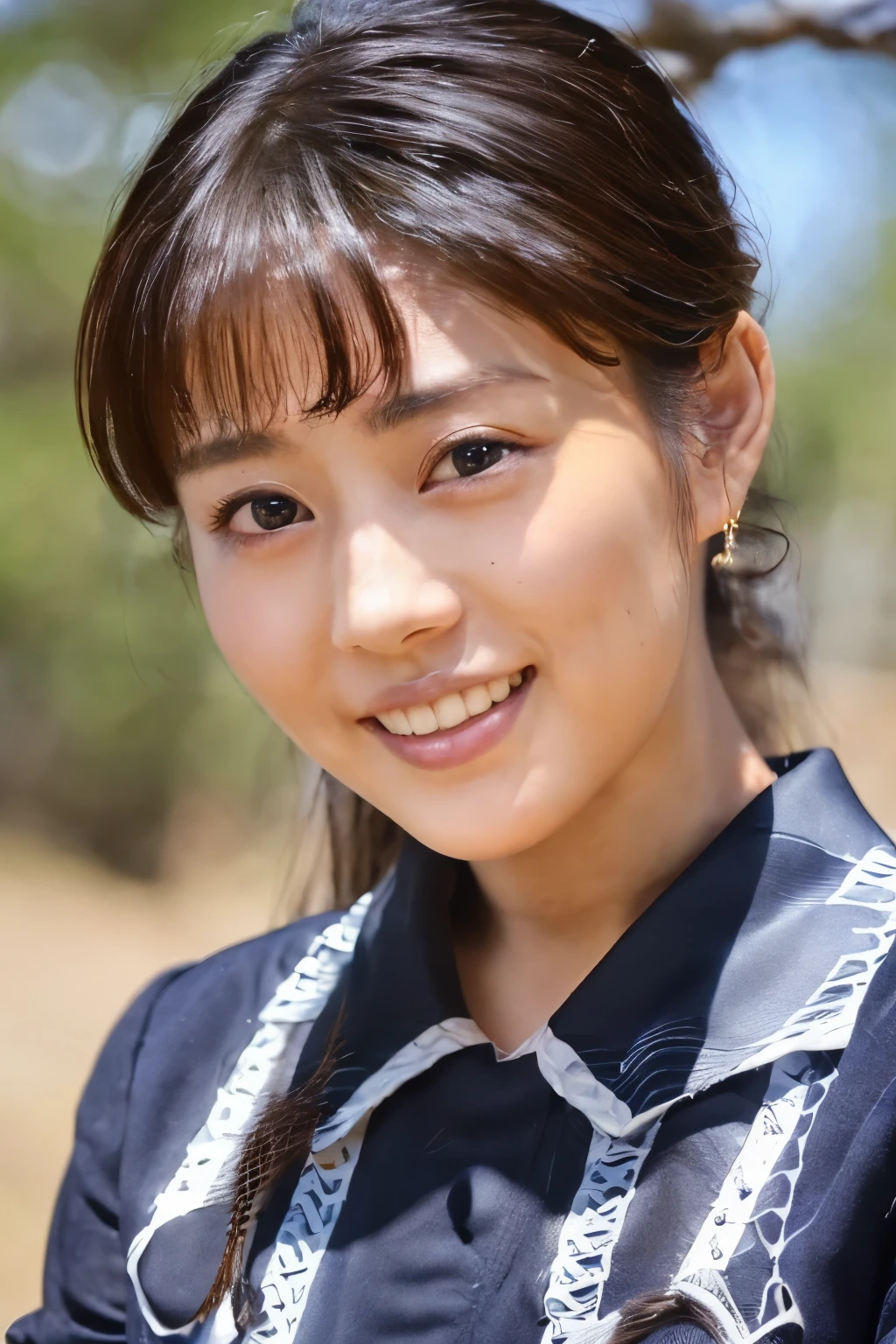 ((Top Quality, 8K, Masterpiece: 1.3)), Sharp Focus: 1.2, (Super Beautiful Face: 1.0), (Slender Abs Beauty: 1.0), (Shiny Skin: 1.0), Realistic Photography, Black Hair, Realistic Pupils, Video Lighting, High Definition Eyes and Face, Video Lighting, (Cowboy Shot: 1.3), (Japanese Cute Actress), in nature, smiling, Looking at the audience, head on