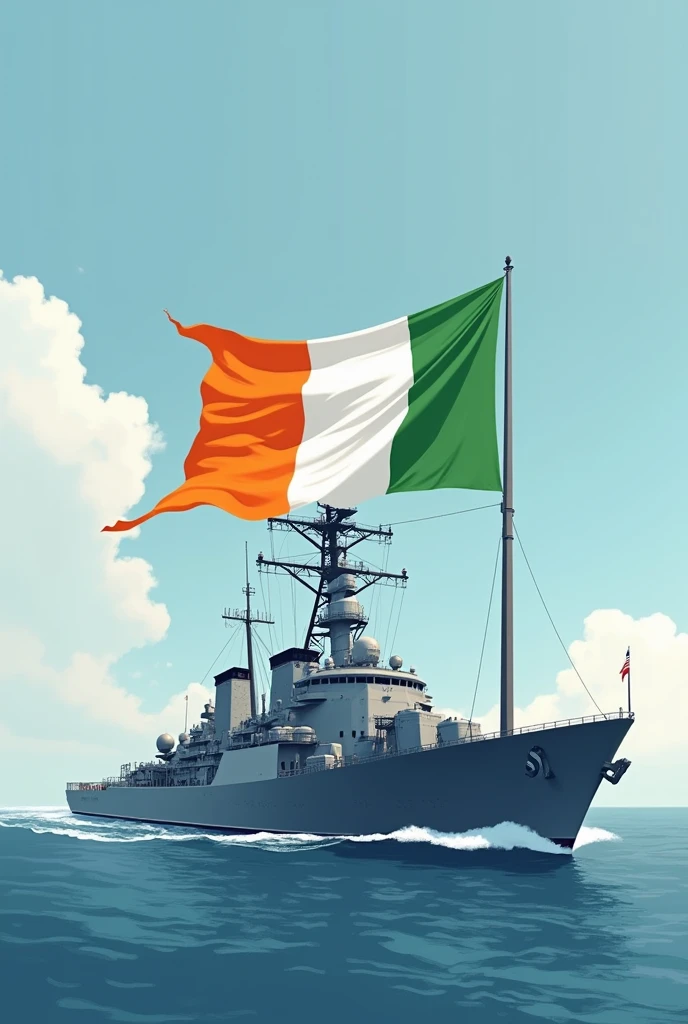 Cote d'Ivoire (Orange on the mast, White, Green) and USA flags with a navy ship