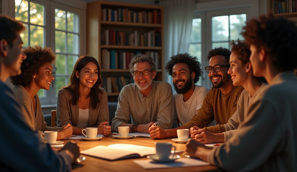 Create an immersive scene in a warm and welcoming environment, where a diverse group of people are watching a video in a room softly lit by natural light. on the screen, images from the channel Scenes from the writing, reflecting the deep themes discussed. Some people are smiling, others looking closely, all with expressions of clarity and inspiration. In the corner of the room, there is a table with mugs of tea, open notebooks and pens, symbolizing the exchange of ideas and learning. Ao fundo, a bookshelf filled with books on faith and knowledge complements the atmosphere of spiritual and intellectual pursuit.